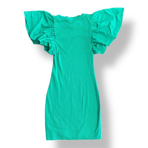 Zara Green Ribbed Ruffle Sleeve Bodycon Mini Dress Size M Preppy Spring - Picture 4 of 8